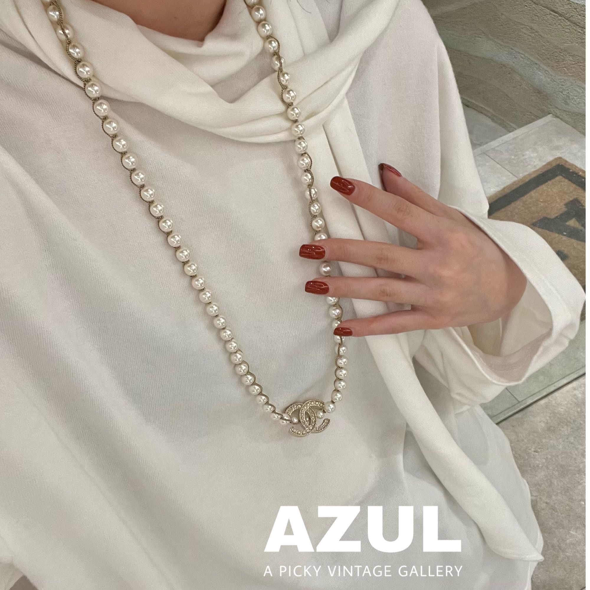 95新 Chanel/香奈儿 Azul-19C浅金色珍珠麦穗纹双C项链44675