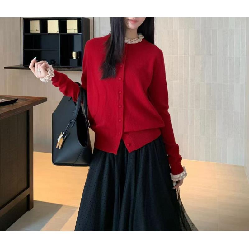 5750号15551#韩系甜美百搭花边毛衣开衫