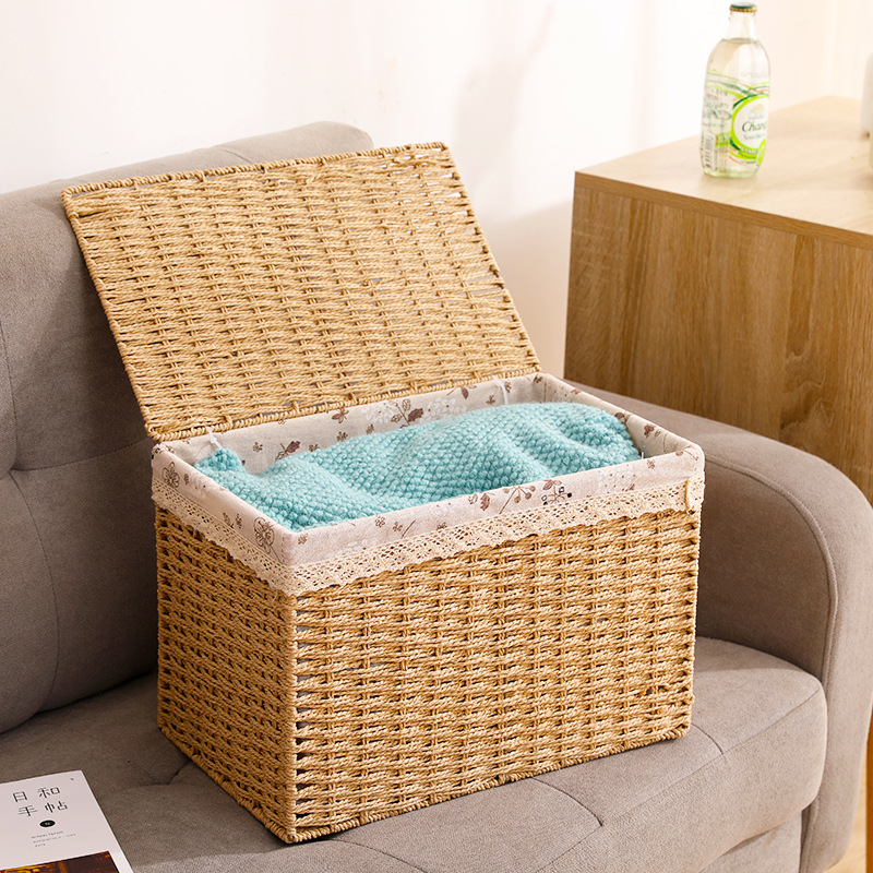 家用衣服收纳箱带盖大容量草编收纳筐篮杂物零食玩具仿藤编储物箱