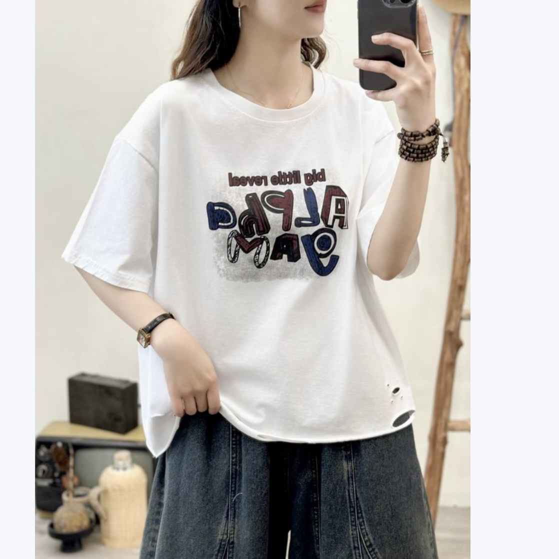 2025年夏季棉质韩版文艺破洞休闲百搭显瘦设计感破洞减龄短袖T恤
