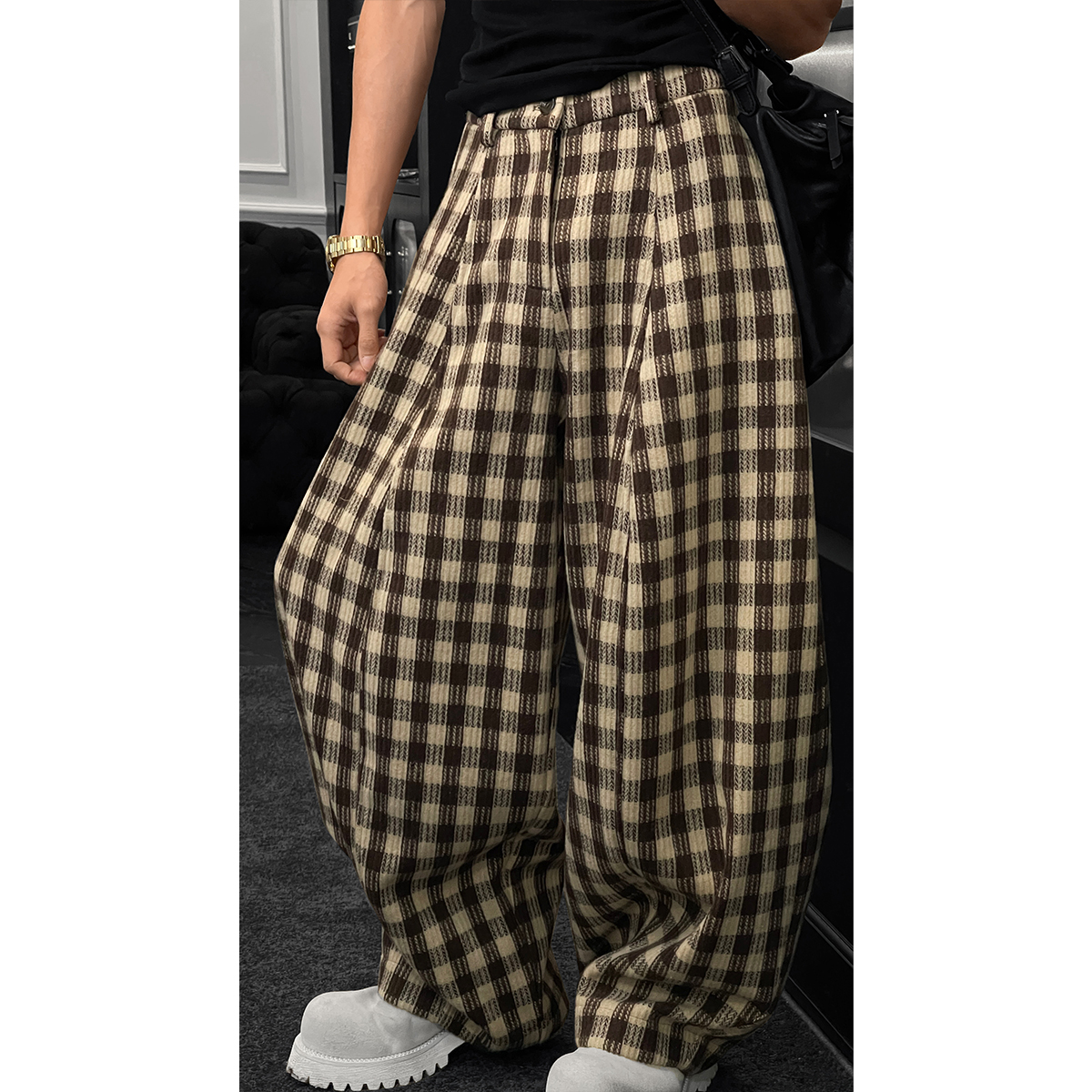 龙叨叨秋冬新品复古设计感格子宽松阔腿厚款垂感百搭休闲长裤