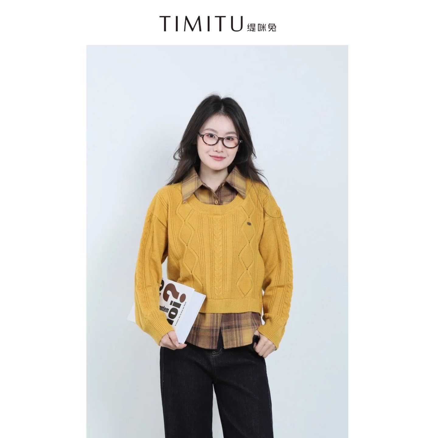 【惊喜价】TIMITU缇咪兔复古南瓜橘格纹拼接假两件衬衣34422007