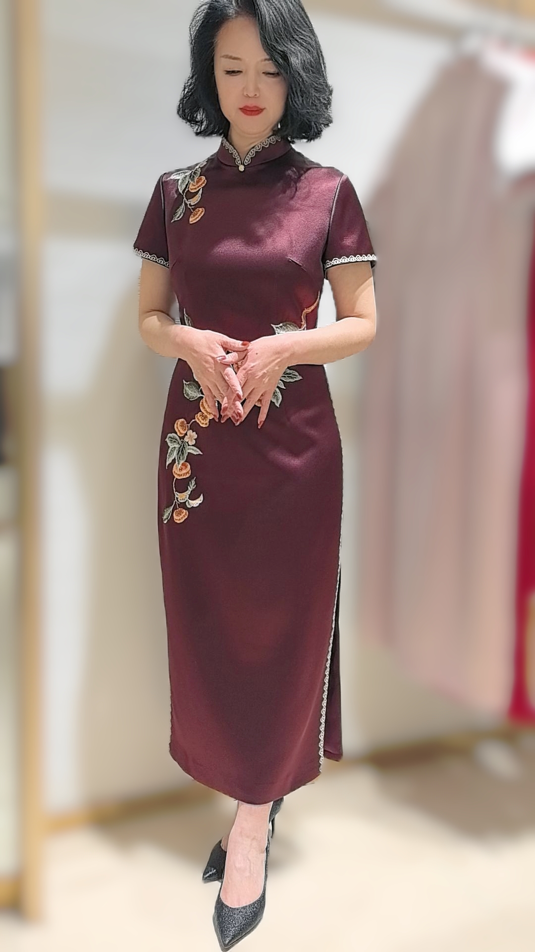 朱紫褕170112手绣事事如意枣红色旗袍喜妈妈喜婆婆礼服