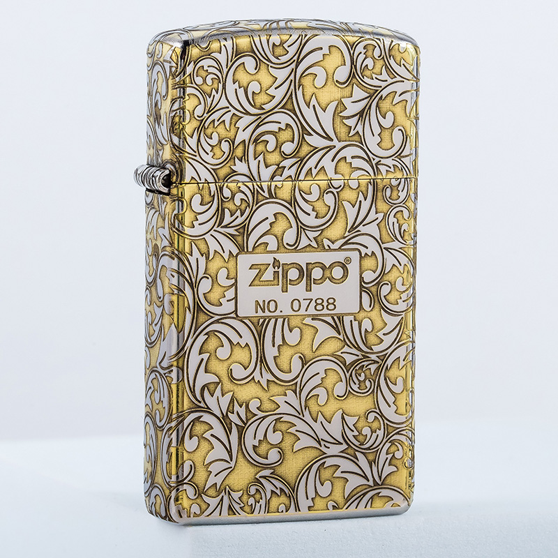 【老李鉴定】ZIPPO打火机纤巧金冰双色窄机五面精雕唐草中标窄机