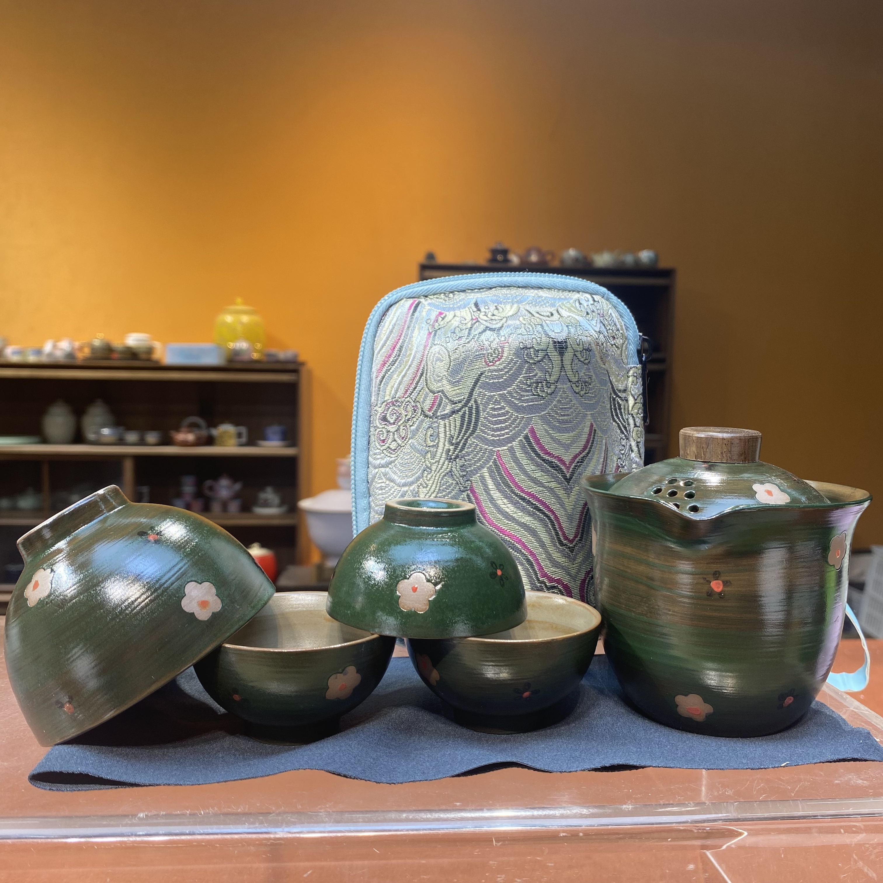 心名茶器 墨绿手绘主人杯+3杯旅行快客-5791（直播专享）