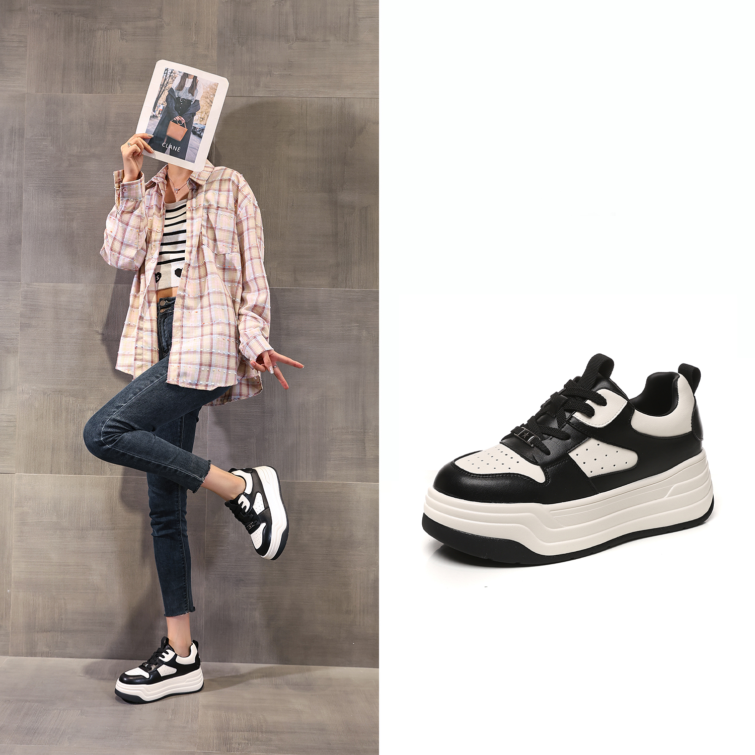 DK.VAN增高5cm厚底拼色白鞋女鞋2025秋季新款运动休闲百搭鞋板鞋