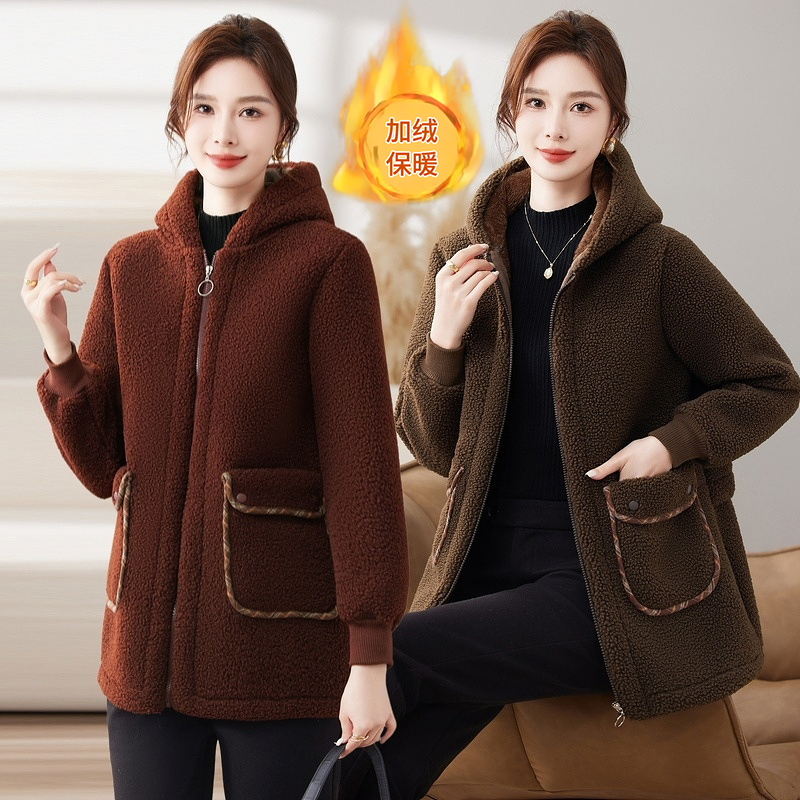 【加绒又加棉一体绒棉】纯色连帽中老年女装宽松羊羔绒妈妈装厚外套