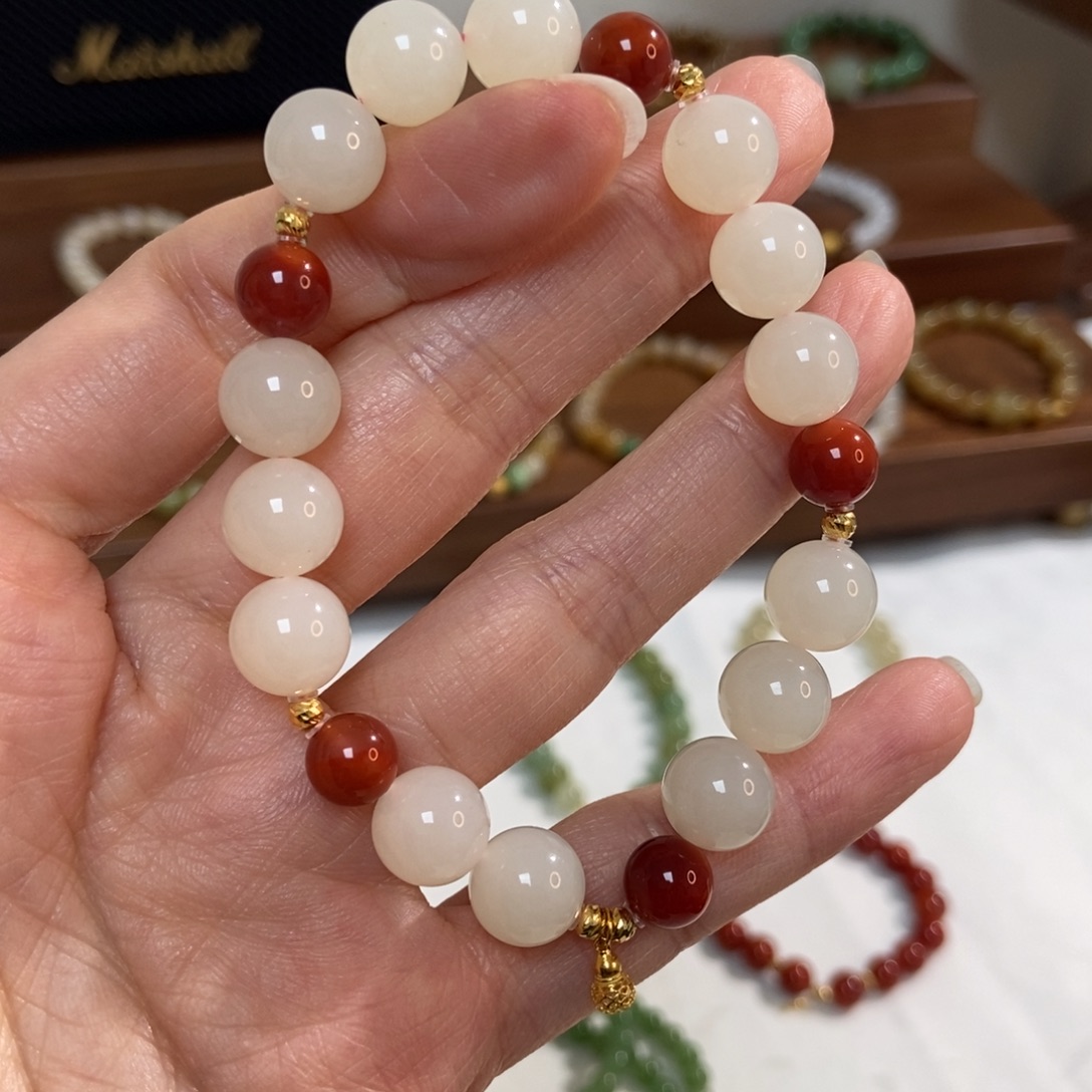 和田玉18K金镶嵌手链10mm藕粉双拼精品