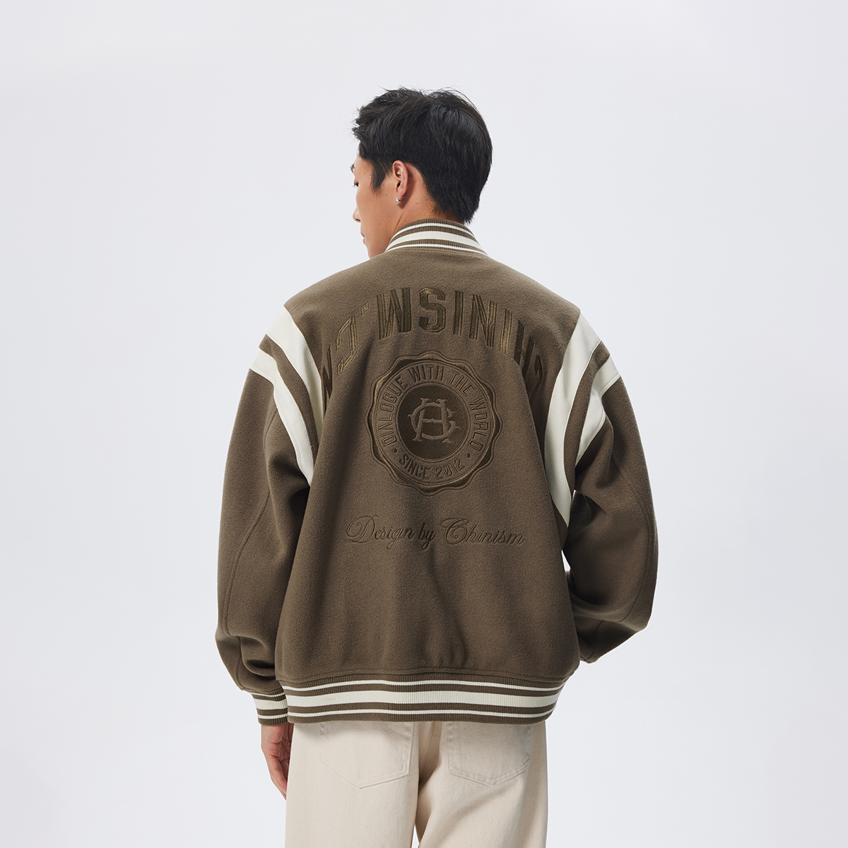 CHINISM赤尘 重磅呢绒棒球服夹克男立领PU皮百搭秋季外套3039