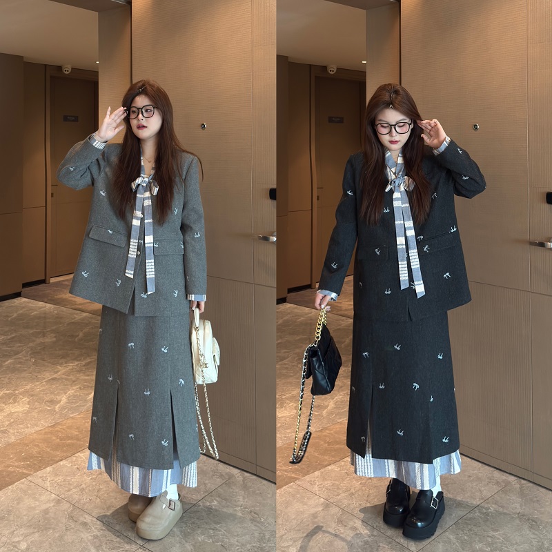 盈盈&南岛风大码女装春季刺绣西装外套胖mm显瘦半身裙套装ZYY1426