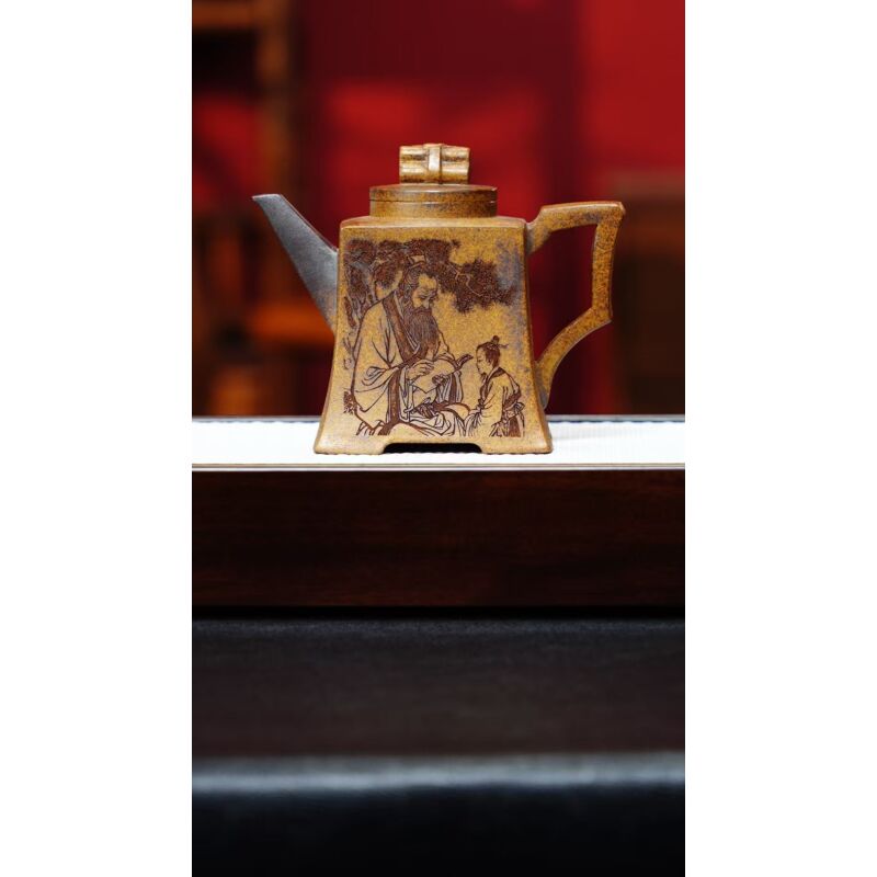 宜兴紫砂 书香四方壶 龙骨金砂 陈红 h154