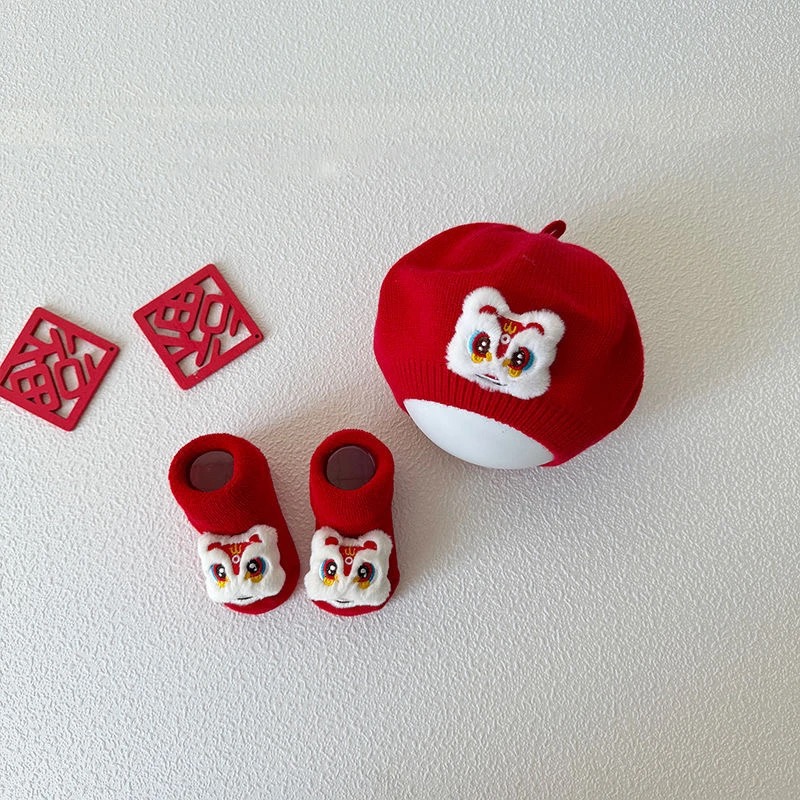 婴儿袜子新年喜庆中国风袜子冬季加厚防滑学步袜红色地板袜保暖