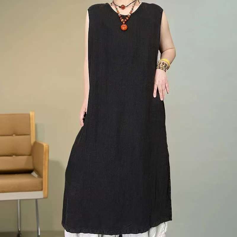 05167圆领无袖H型休闲百搭连衣裙打底muji风纯色背心裙