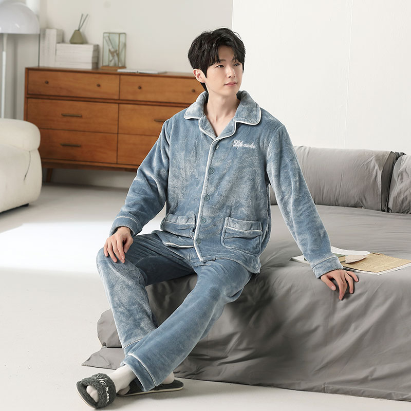 秋冬款睡衣男士珊瑚绒加绒加厚保暖法兰绒冬季家居服男款冬天套装