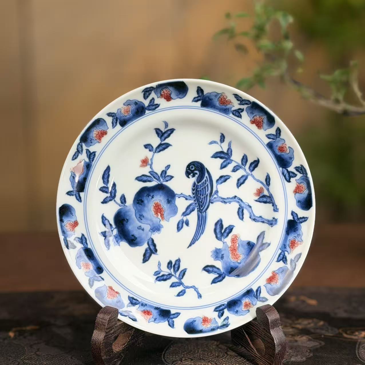 屹朴青花釉里红仿明石榴壶承YP088纯手工手绘壶承