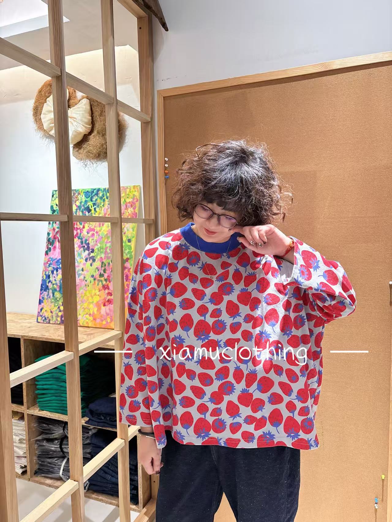 夏沐家甜美草莓宽松休闲棉T恤491