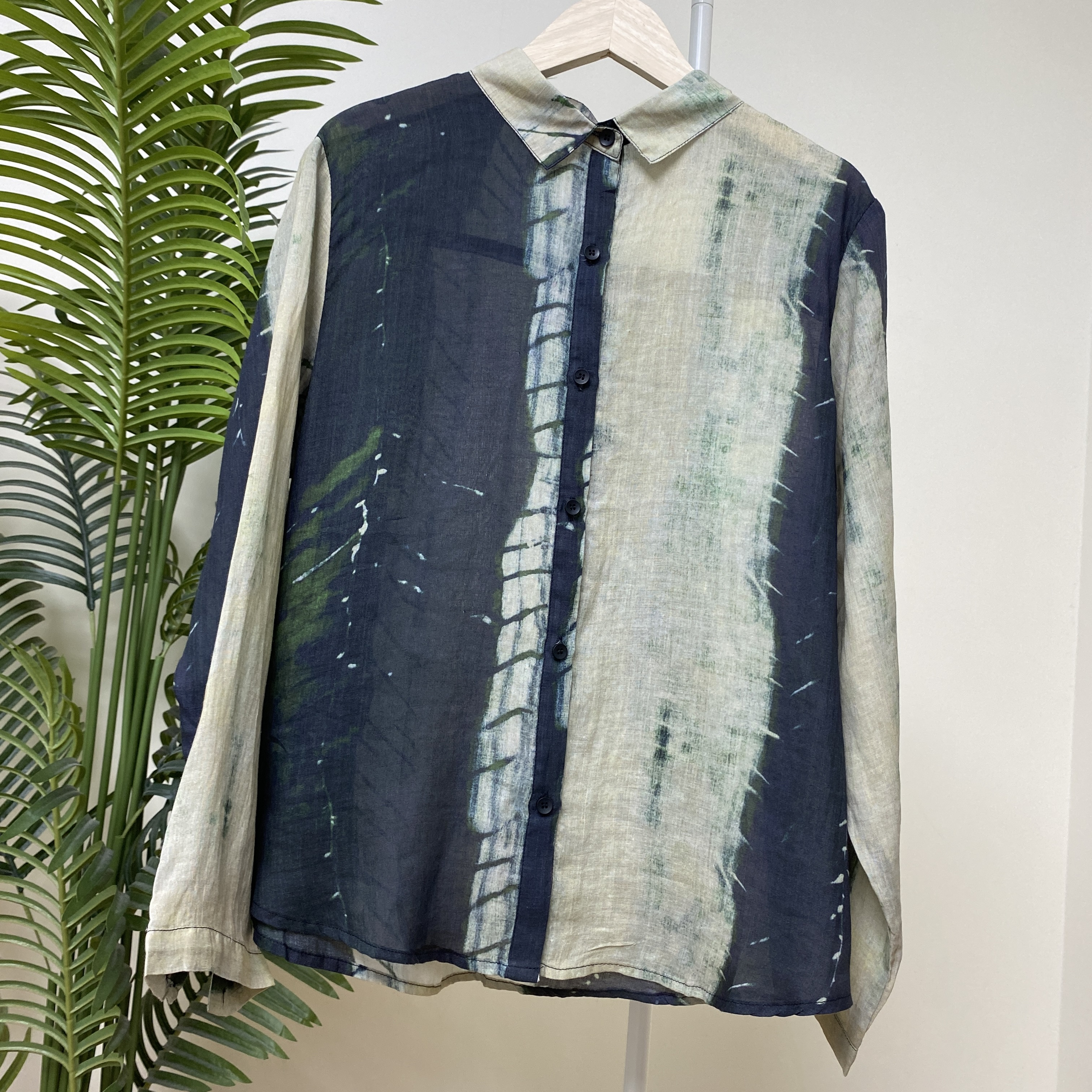 【暗夜叠影拼色印花苎麻衬衫】3891