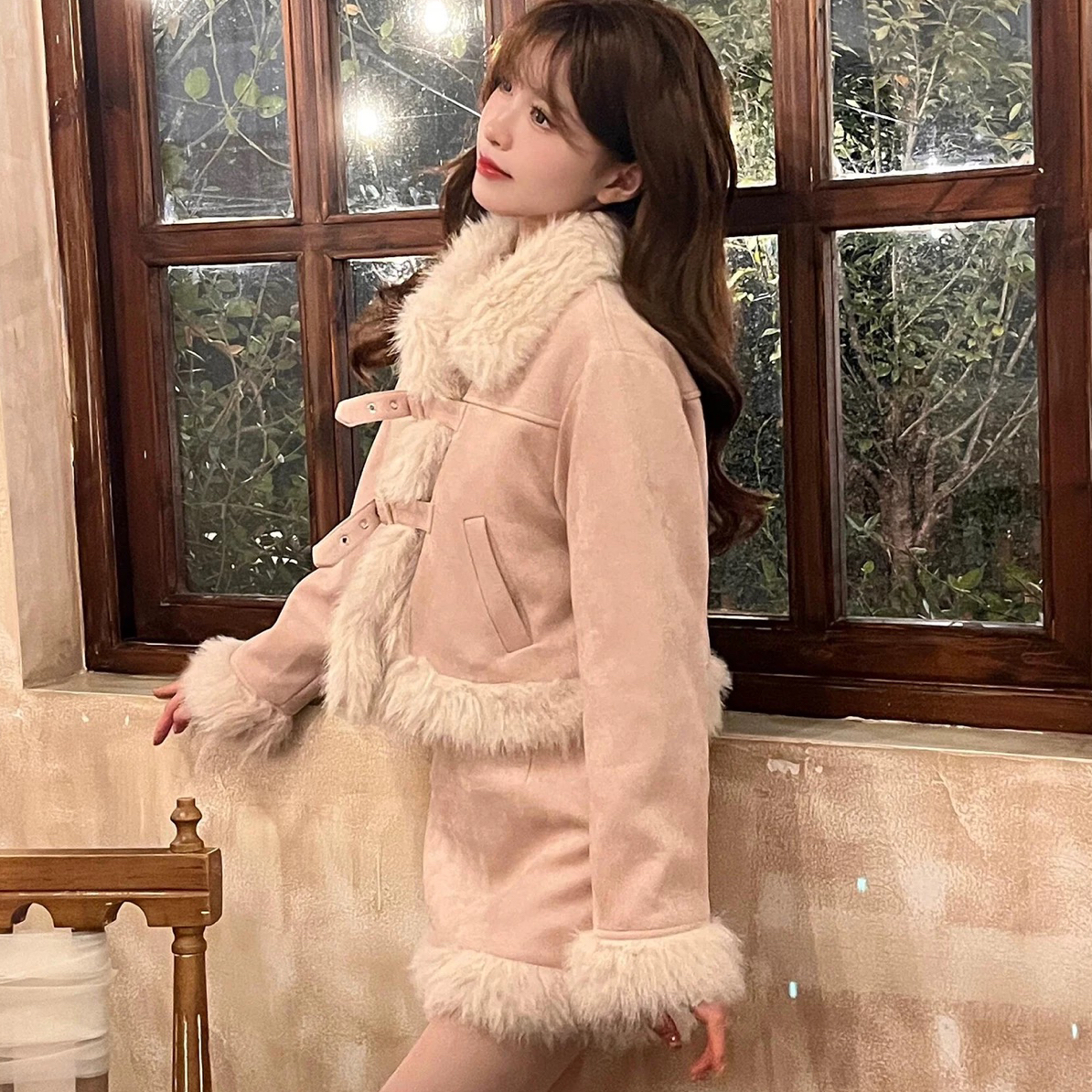 冬季新款韩系减龄保暖毛毛外套半身裙两件套女