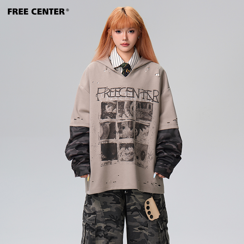 Free Center美式假两件迷彩拼接长袖T恤男女秋废土做旧磨破连帽衫