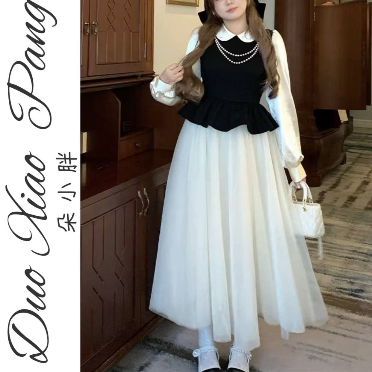 8852规假两件不褪色娃娃领连衣裙秋冬气质法式裙子
