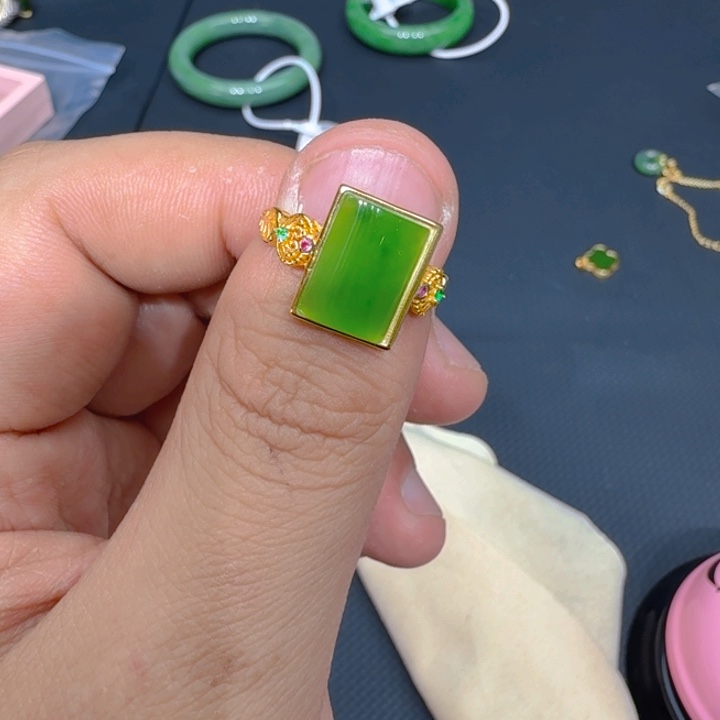 和田玉（碧玉）戒指银S925镀金镶嵌