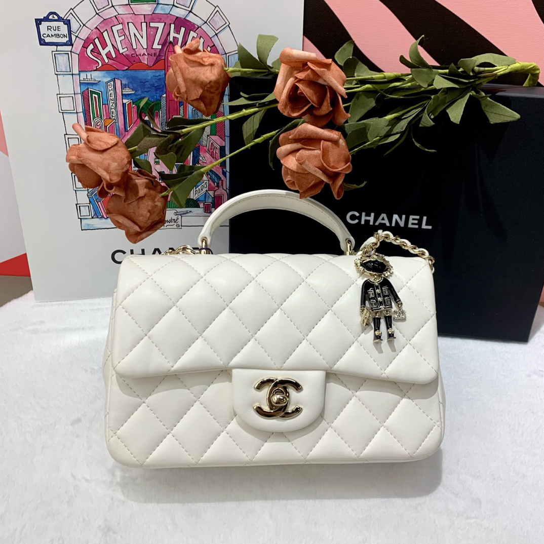 99新 Chanel/香奈儿 22p白金羊皮珐琅水钻手柄大mini 
