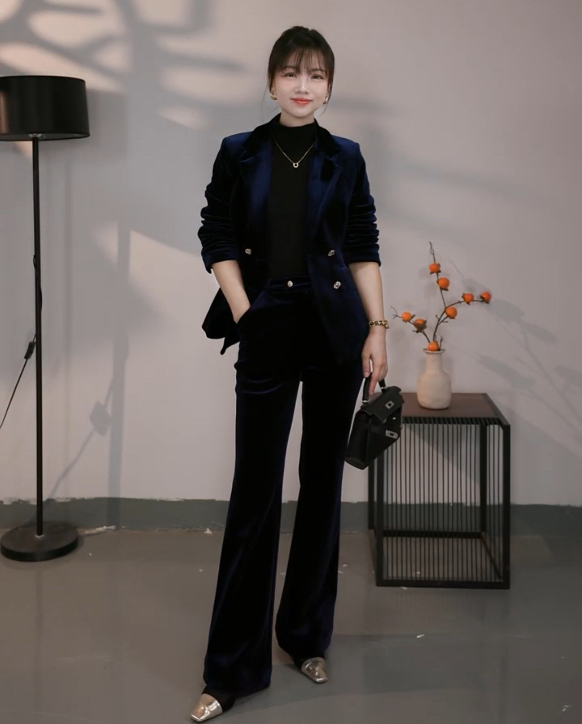 Q1058小个子金丝绒西装套装洋气时尚修身长袖轻职风时尚西服套装