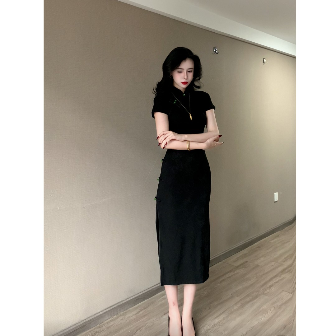 夏季新款黑色日常旗袍复古收腰裙子修身显瘦