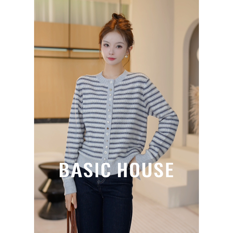 Basic House/百家好条纹圆领羊毛衫新款上衣琥珀流光B1195B55A92