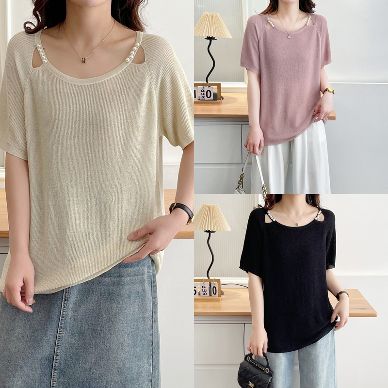 2025夏季新款大码女装圆领镂空钉珠短袖t恤显瘦百搭正肩针织上衣