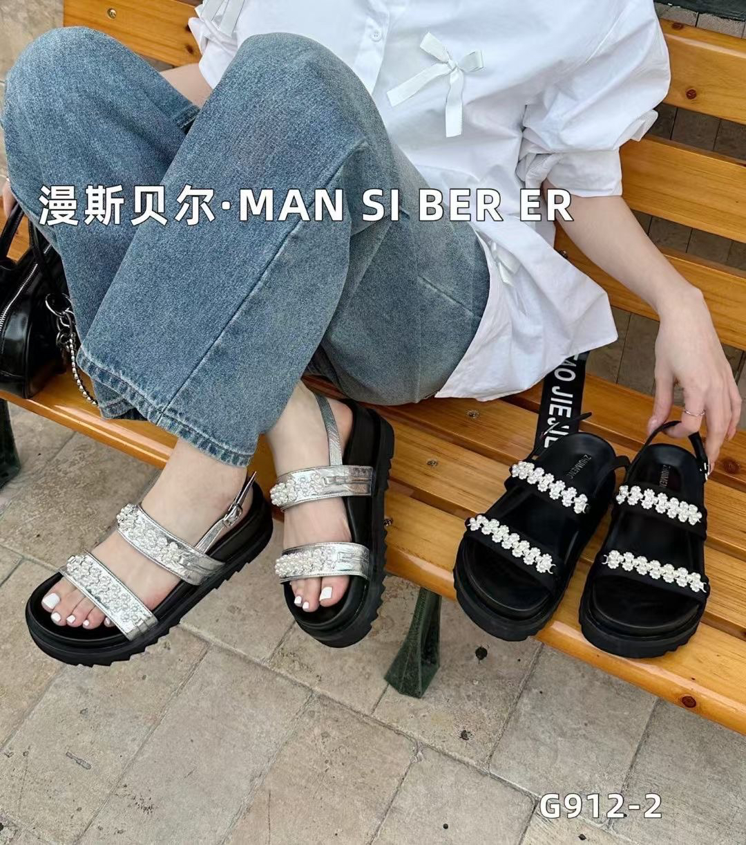 露趾罗马凉鞋夏季女水钻串珠方头复古胶粘甜辣千金风厚底罗马鞋