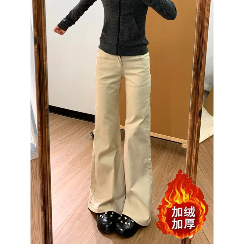 复古水洗慵懒卡其色微喇牛仔裤女2025冬季新款百搭显白显瘦拖地裤