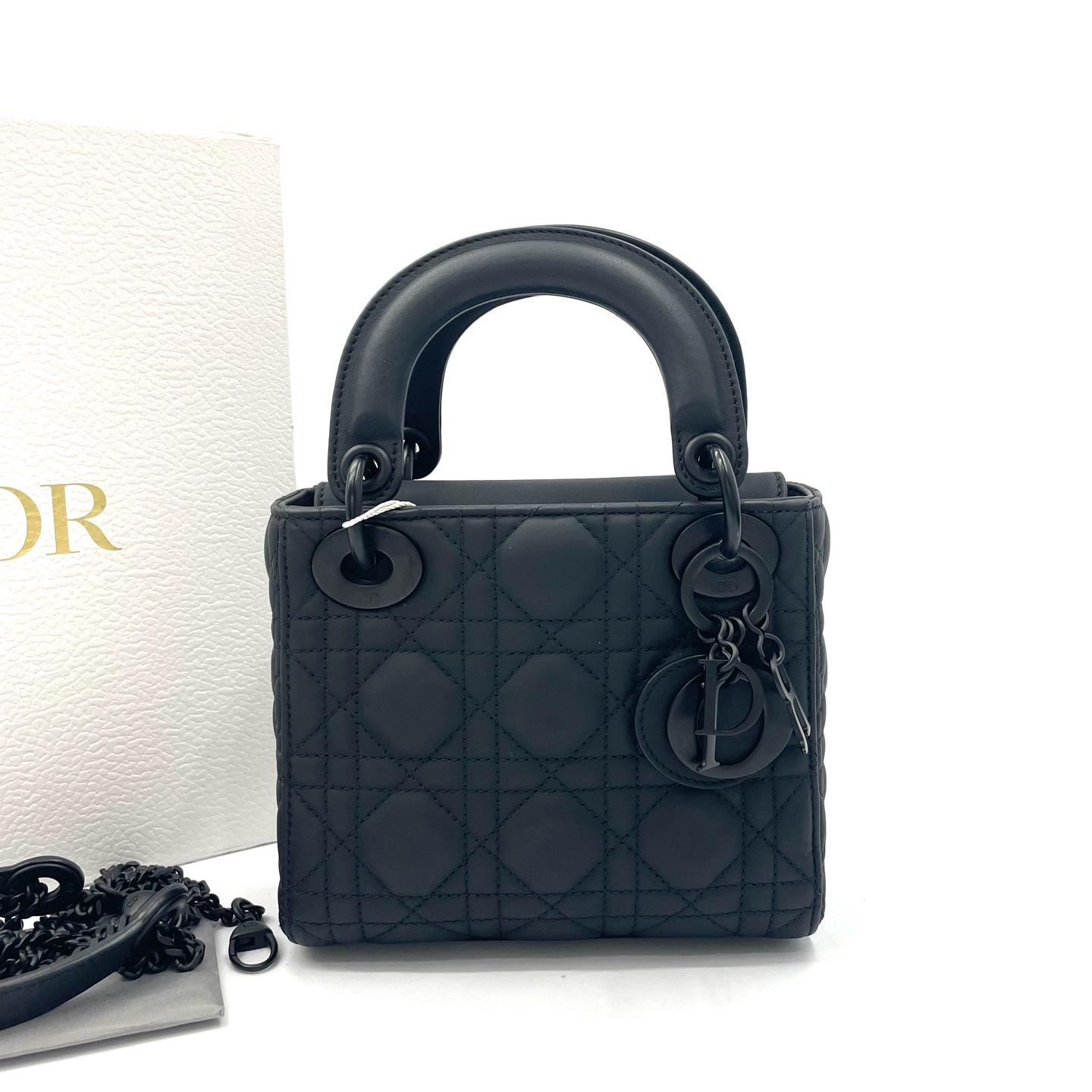 95新 DIOR/迪奥 98新  Lady 哑光三格磨砂黑戴妃包手提单肩斜挎包
