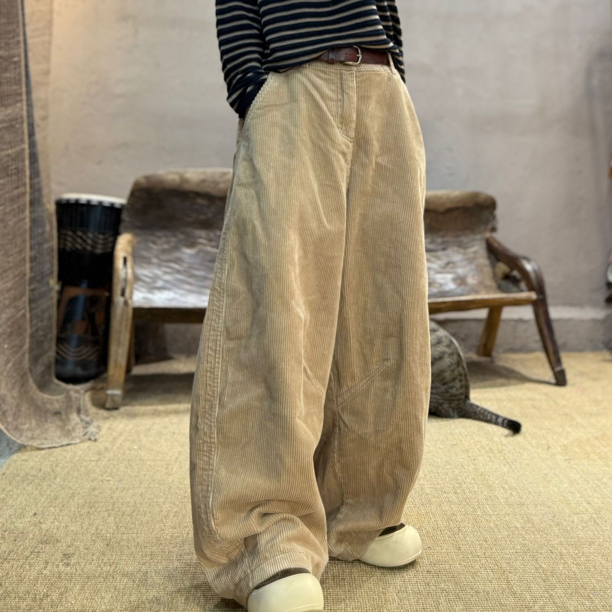 241014忆古朴拙冬季双层纯棉坑条绒直筒裤复古做旧百搭宽松休闲裤