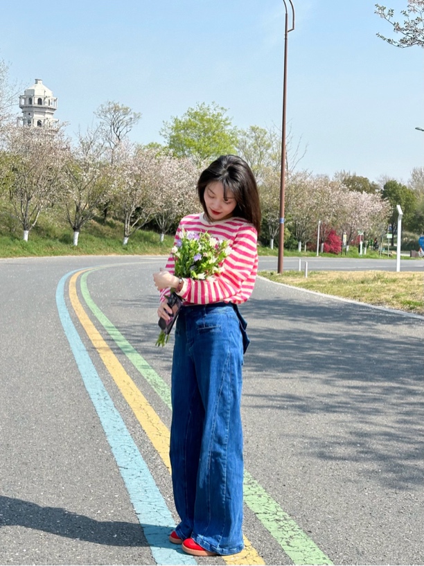 圆领修身型休闲风中长款条纹T恤时尚春秋春装休闲春季显瘦