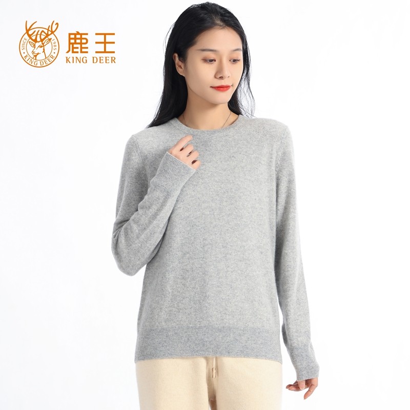 鹿王新款女圆领100山羊绒纯色休闲百搭针织打底衫 912390101