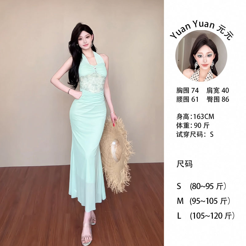 h2/M002 0501-2【Yy】立体提花挂脖设计纯欲风性感修身辣妹包臀长裙