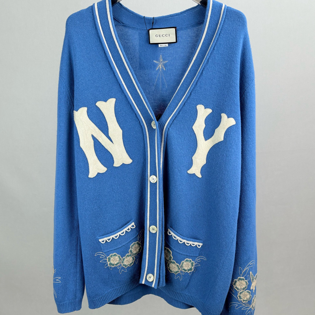 99新 GUCCI/古驰 古驰NY联名蓝色针织开衫XL码 99新15373