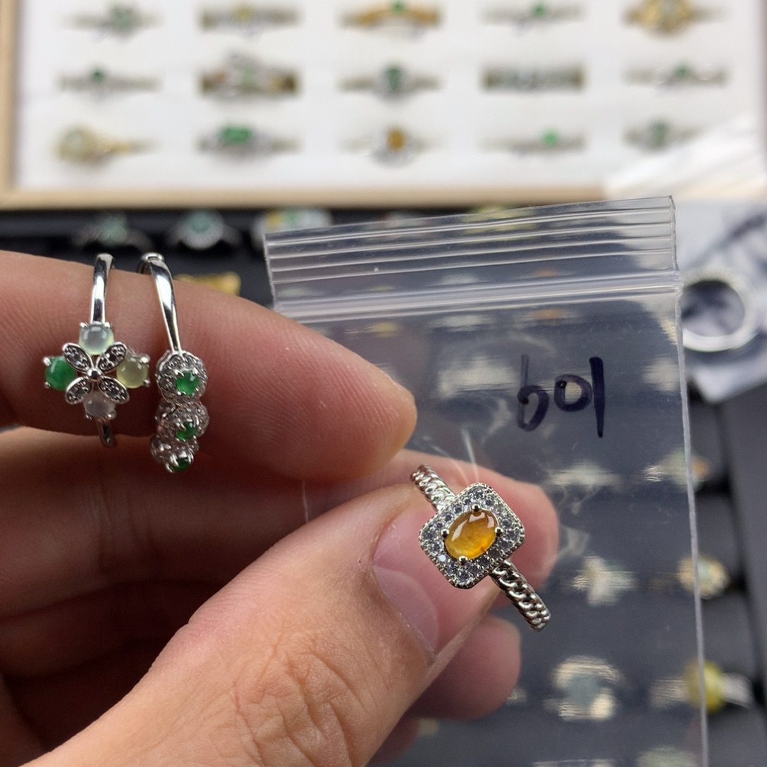 翡翠银S925镀金镶嵌戒指601