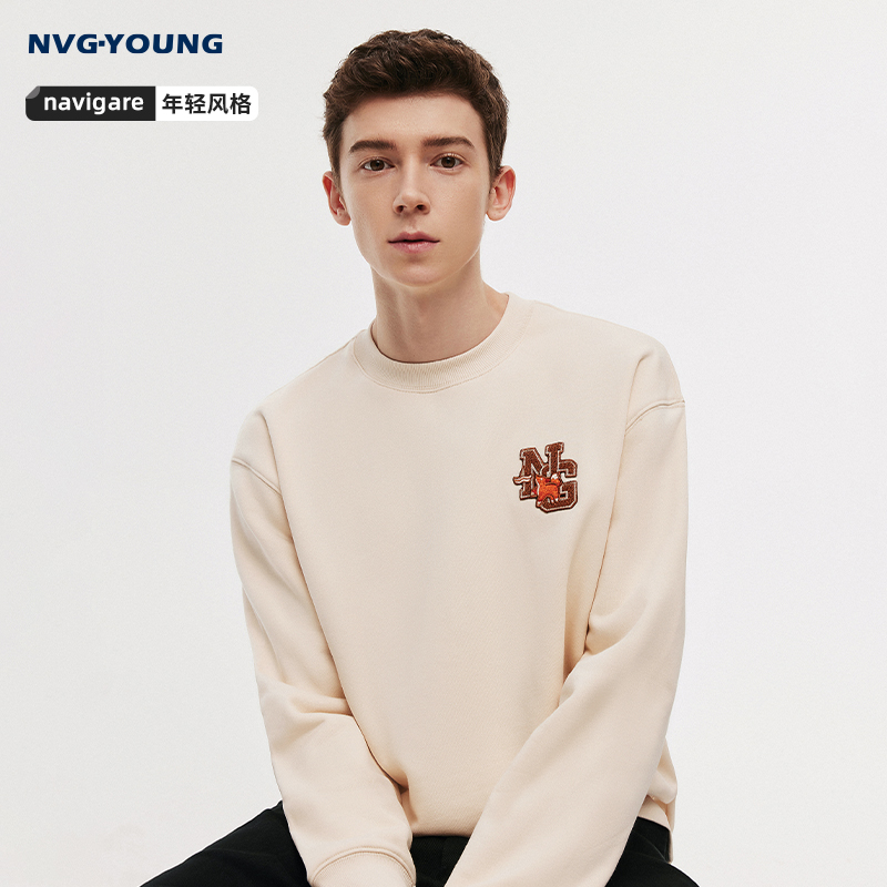 NVG·YOUNG意大利小帆船春季休闲字母卫衣男卡其色宽松套头衫上衣