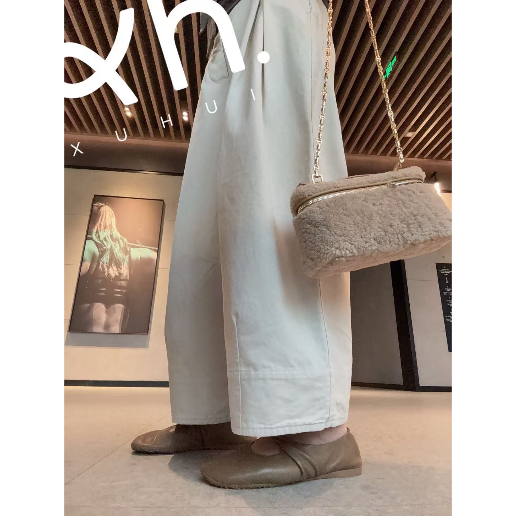 XUHUI-米灰色压褶绒面裤