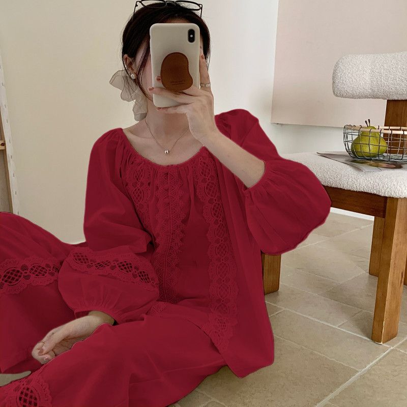 睡衣女款爆款2025新款套装纯棉春秋女士大码红色酒红本命年家居服