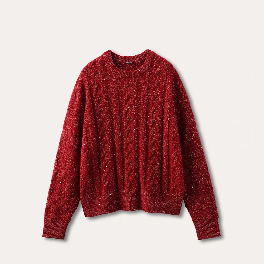 康赛妮绞花羊绒亮片圆领针织套头衫