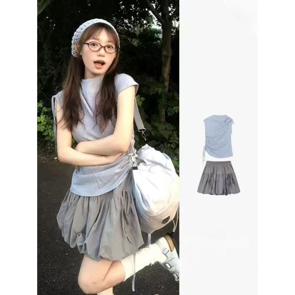 夏季新款甜美设计感小众无袖上衣灰色半身裙两件套8116