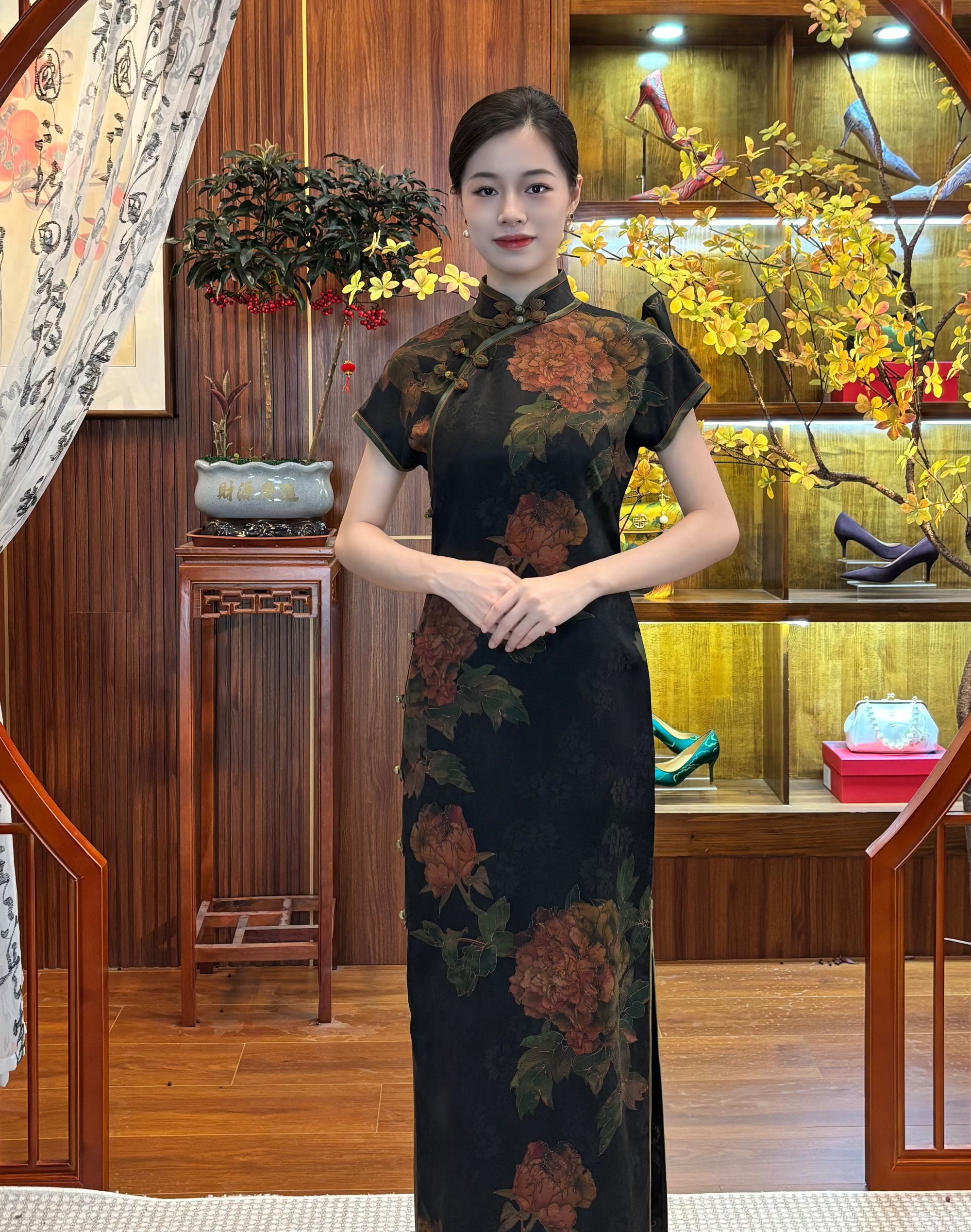 如丝专属【云裳】靓影儿桑蚕丝香云纱古法全开襟春夏定位牡丹花旗袍