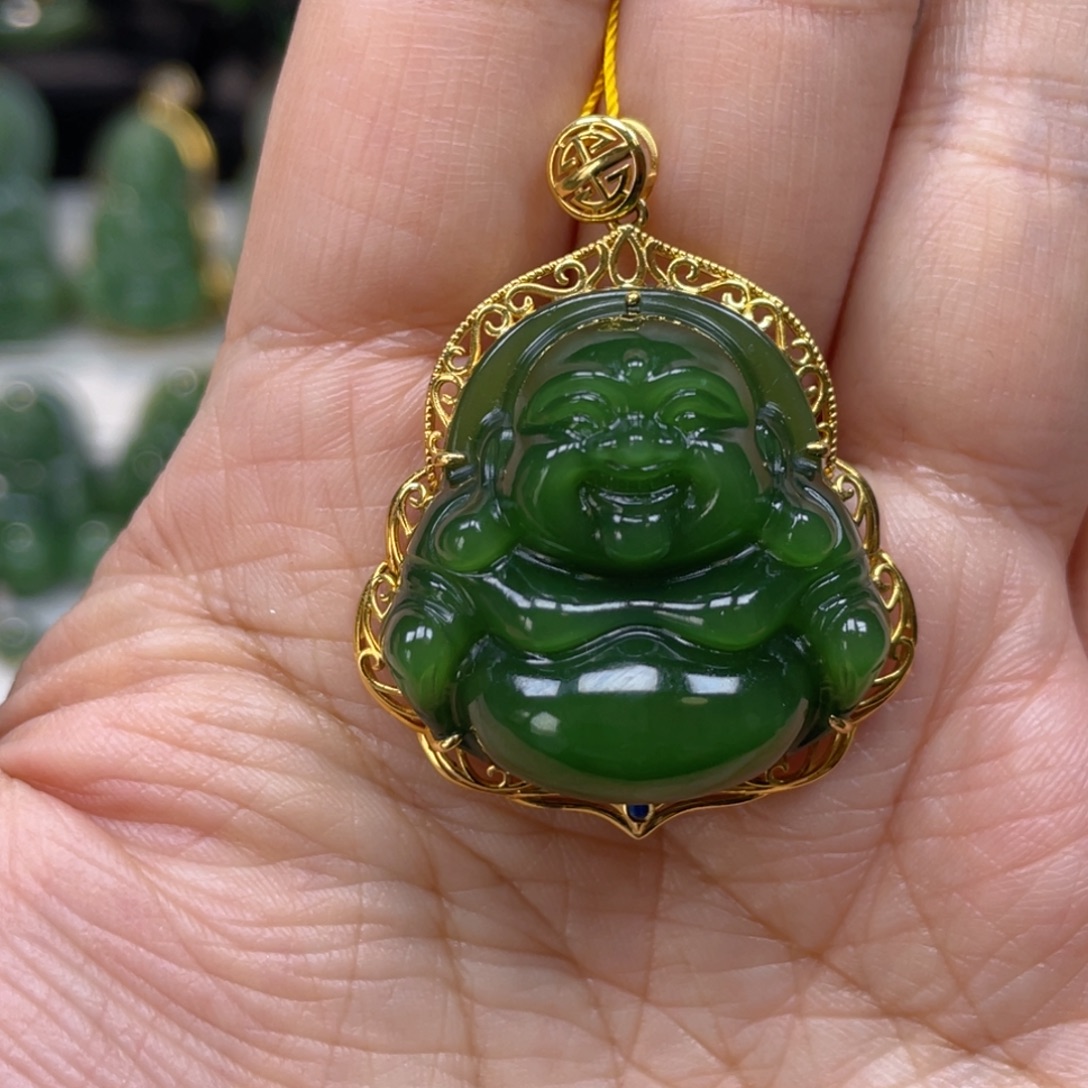 和田玉（碧玉）18K金镶嵌吊坠(不含链)