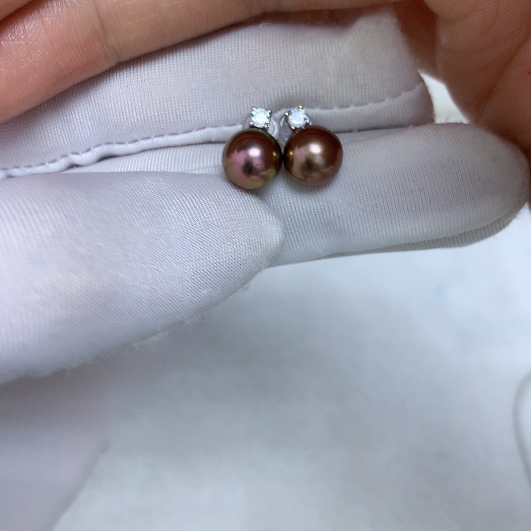 银S925镶嵌淡水珍珠耳饰8-9