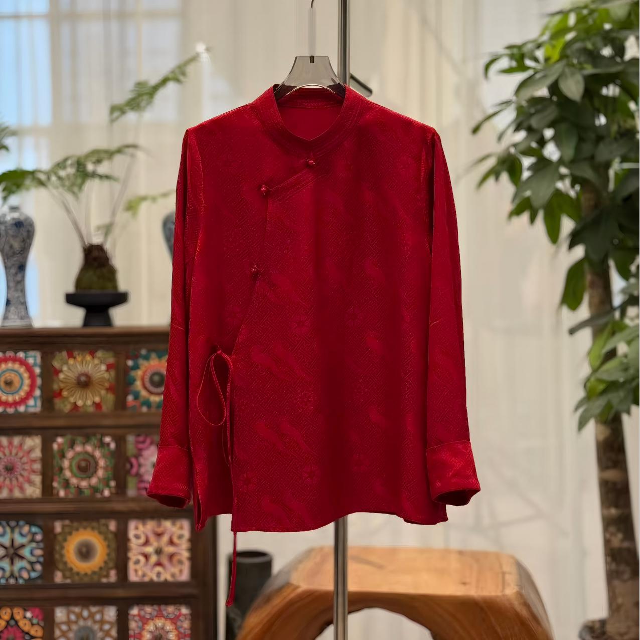 【舒悠】上久楷6A级桑蚕丝翟鸟纹提花上衣新中式立领斜襟百搭开衫女