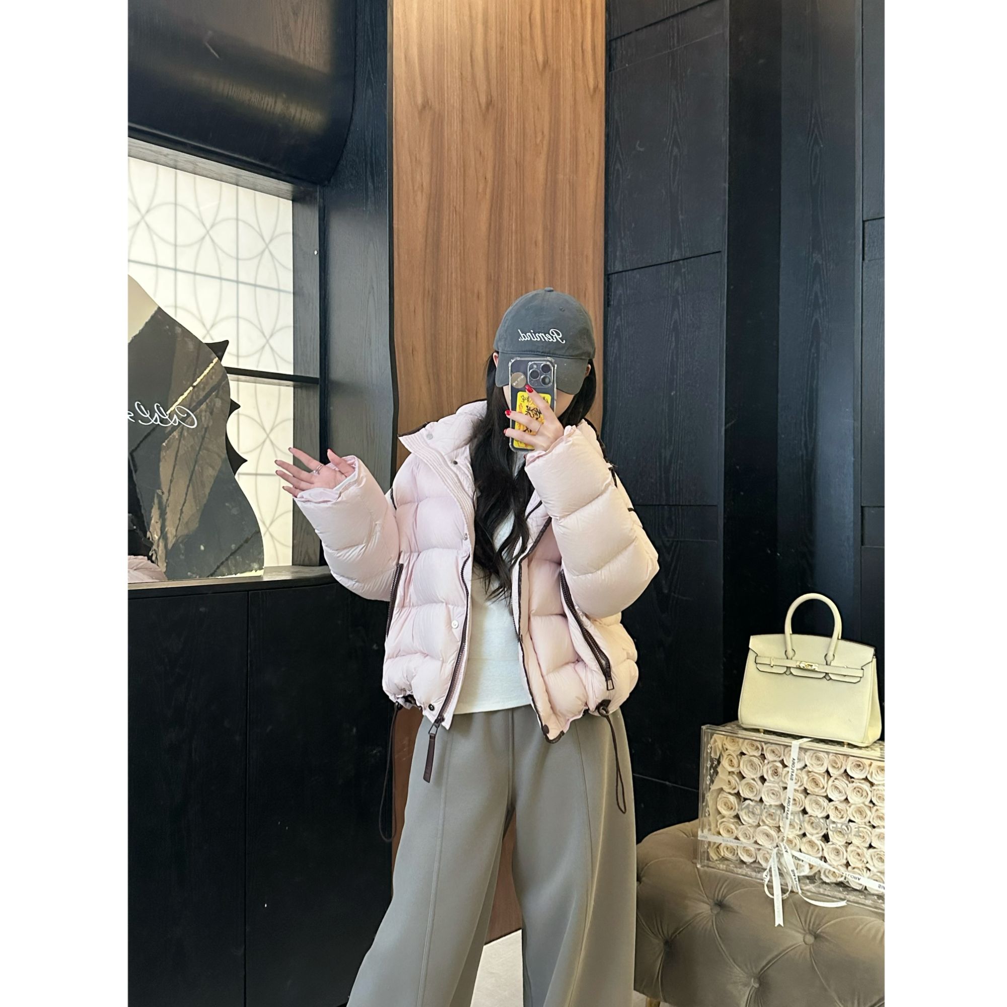 金佳佳【冬雪藏甜】90白鸭绒撞色立领宽松保暖羽绒服