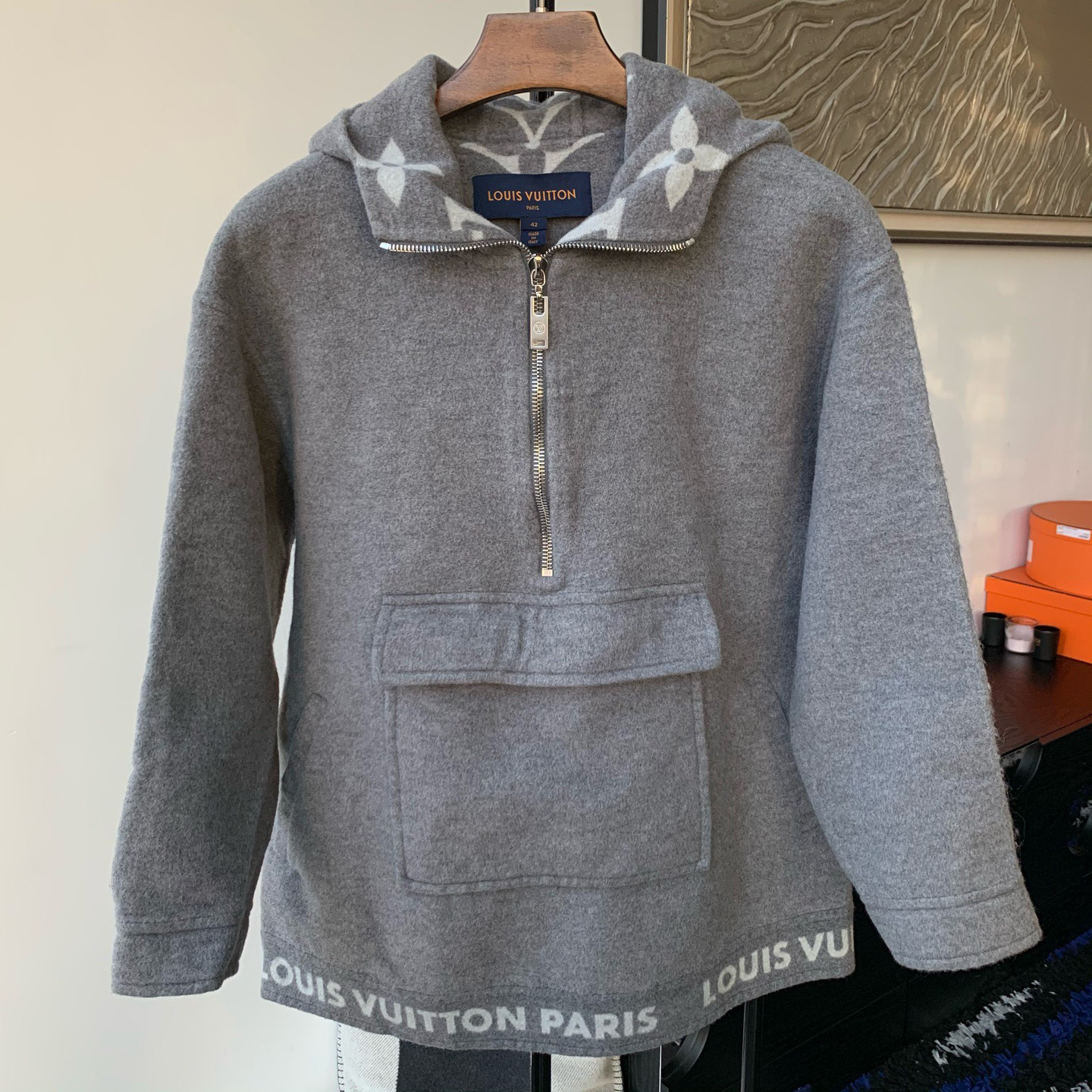 99新 LouisVuitton/路易威登 半拉链内里满Logo拼接连帽卫衣42码 